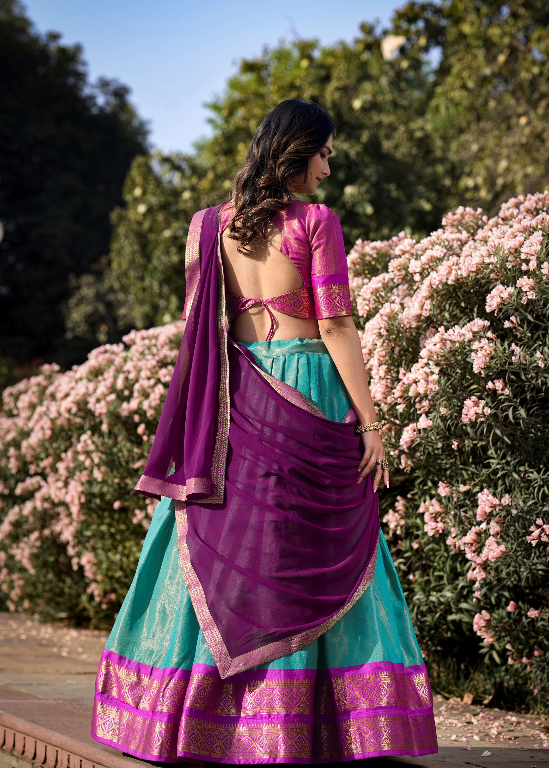 Golden Glow Zari Woven Sky Blue Kanchipuram Lehenga for Festive Grandeur