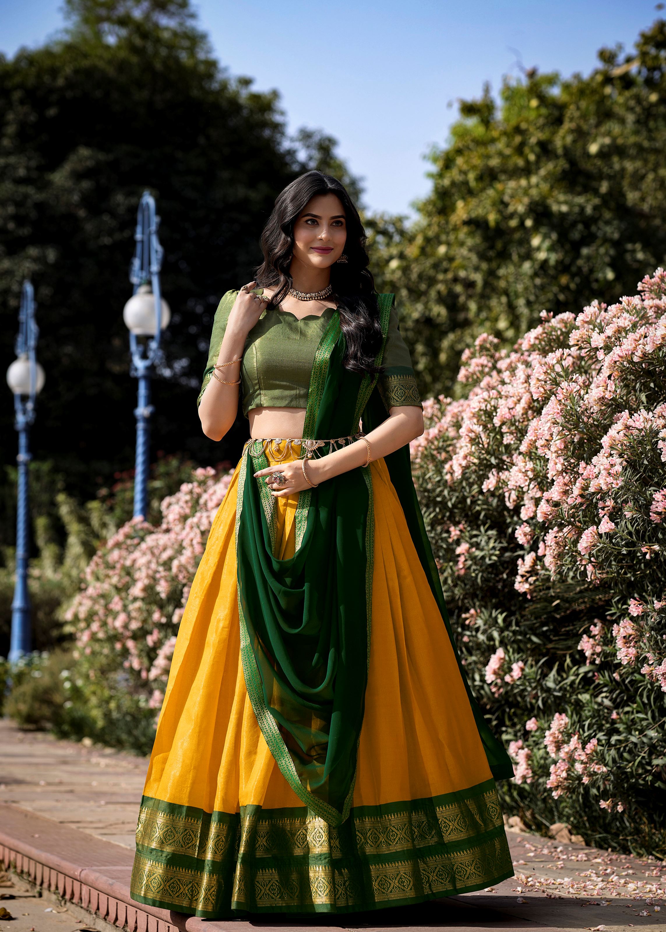 Golden Glow Zari Woven Yellow Kanchipuram Lehenga for Festive Grandeur