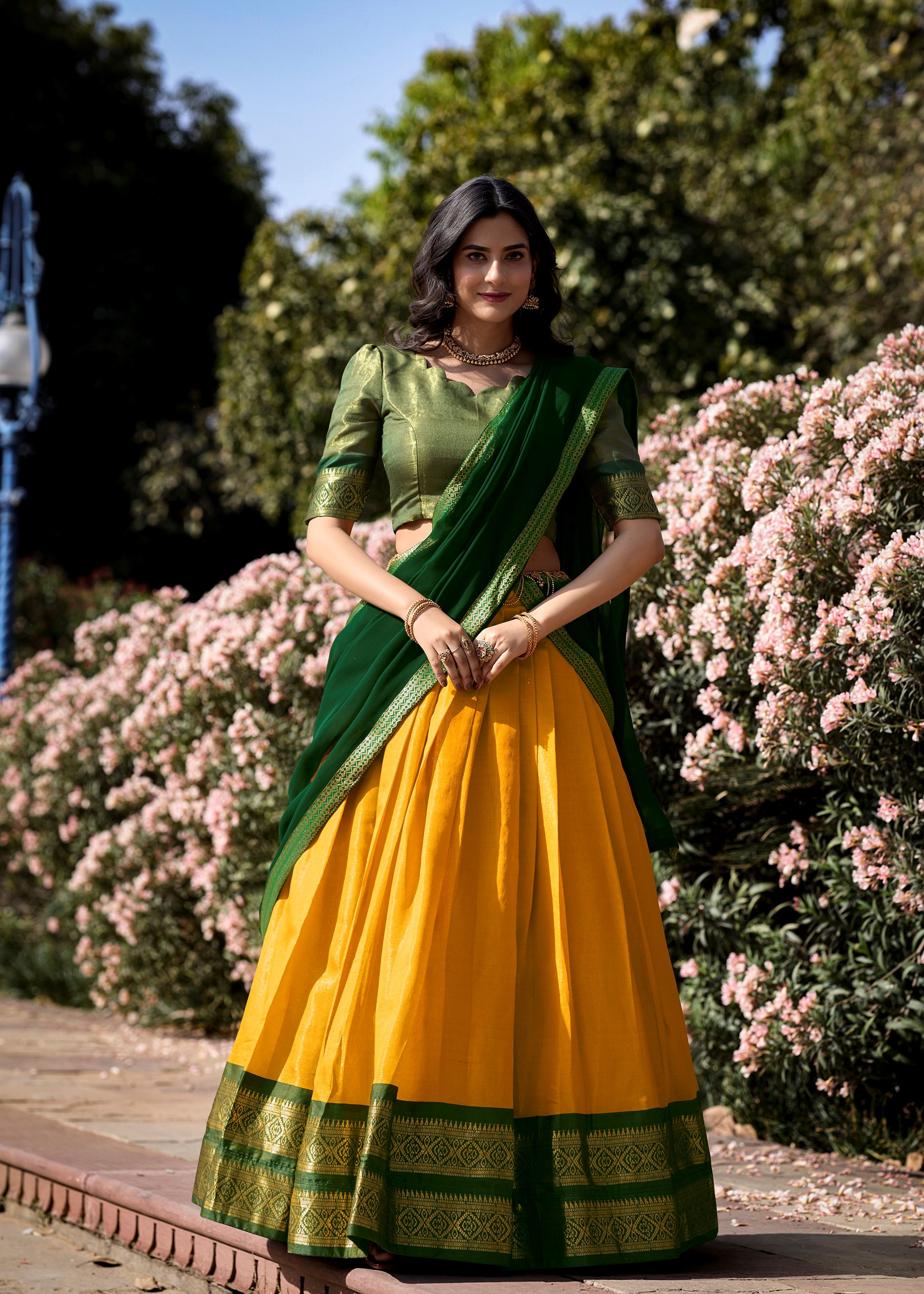 Golden Glow Zari Woven Yellow Kanchipuram Lehenga for Festive Grandeur