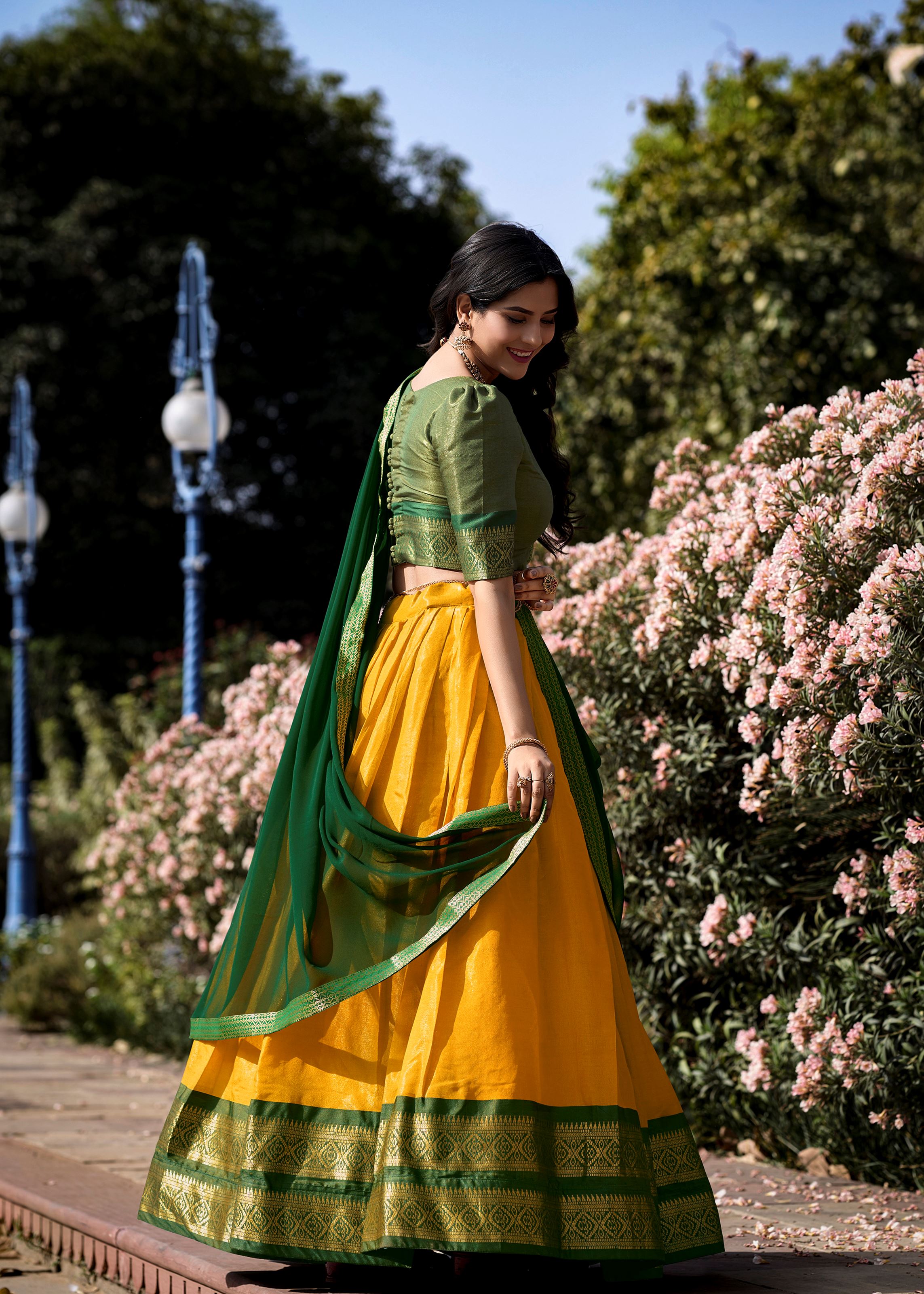 Golden Glow Zari Woven Yellow Kanchipuram Lehenga for Festive Grandeur