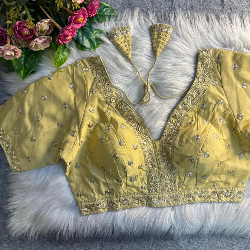 Golden Heavy Embroidery Work Partywear Blouse in Roman Silk with Embroidery & Sequins