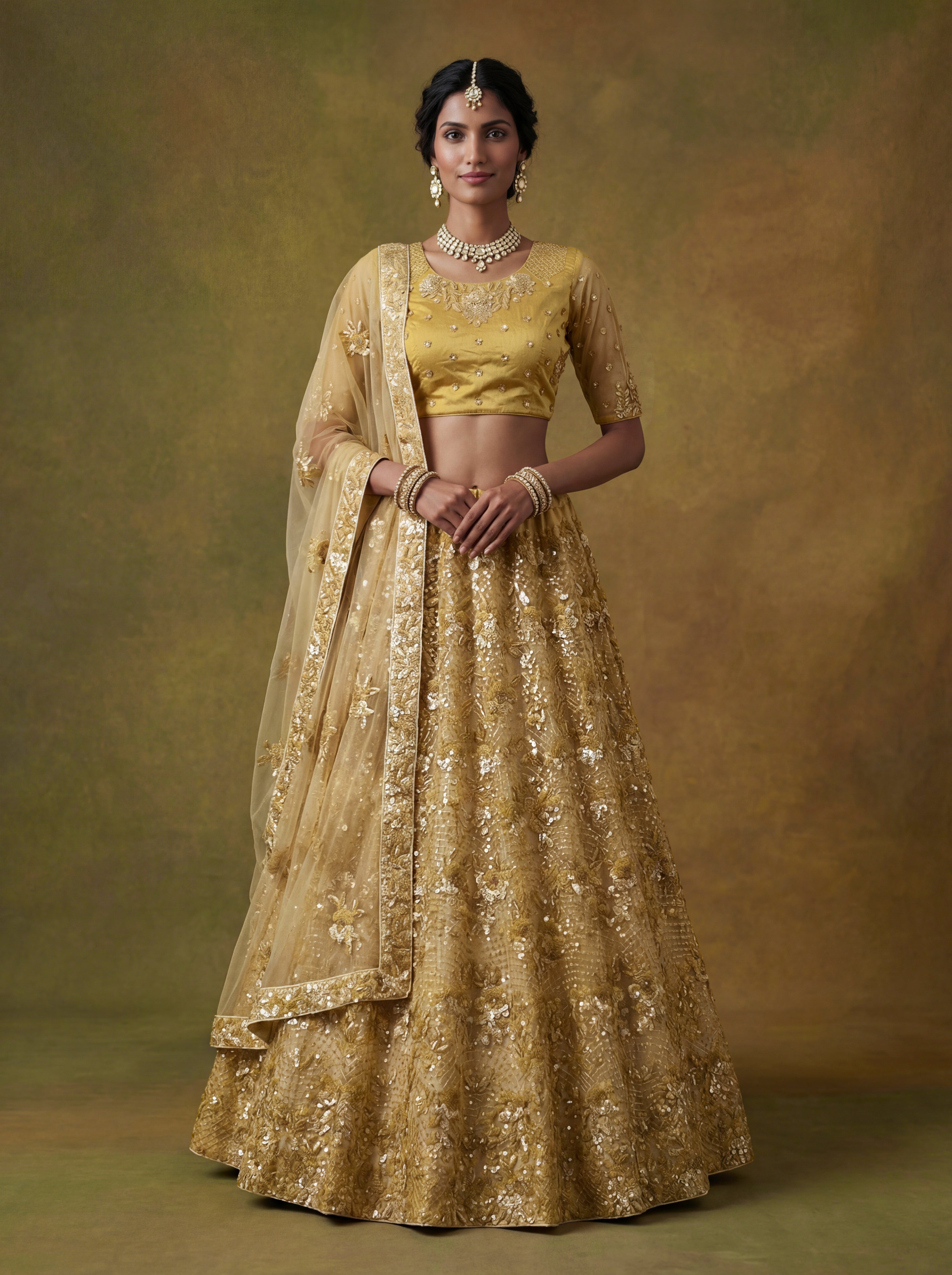 Golden Net Lehenga Choli With Fancy Multi Heavy Thread Embroidery With Sequins Work