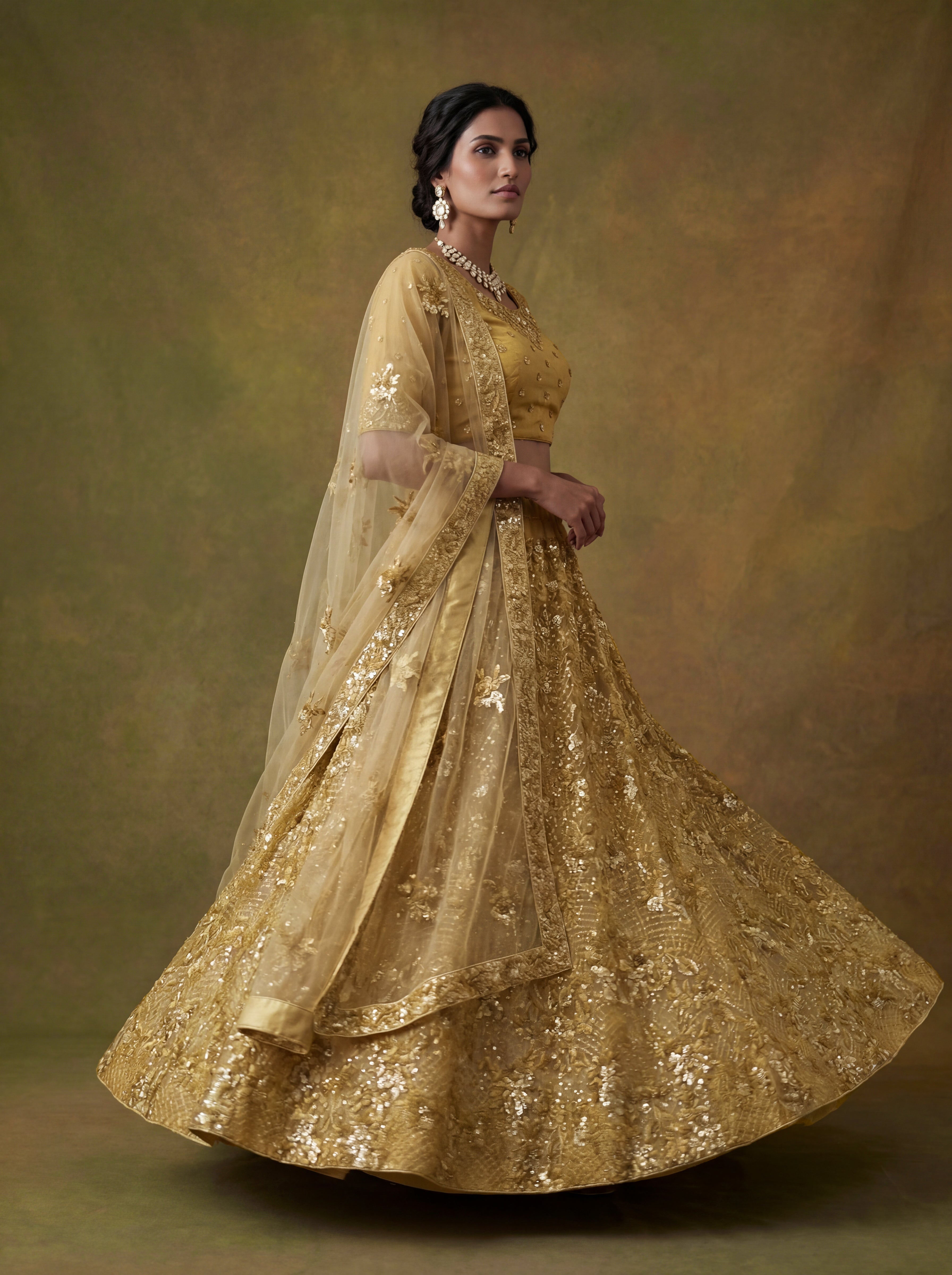 Golden Net Lehenga Choli With Fancy Multi Heavy Thread Embroidery With Sequins Work