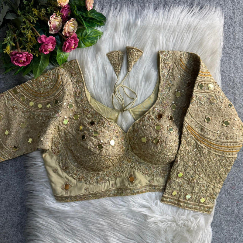 Golden Real Mirror Work Long Sleeve Bridal Blouse in Roman Silk with Embroidery & Sequins