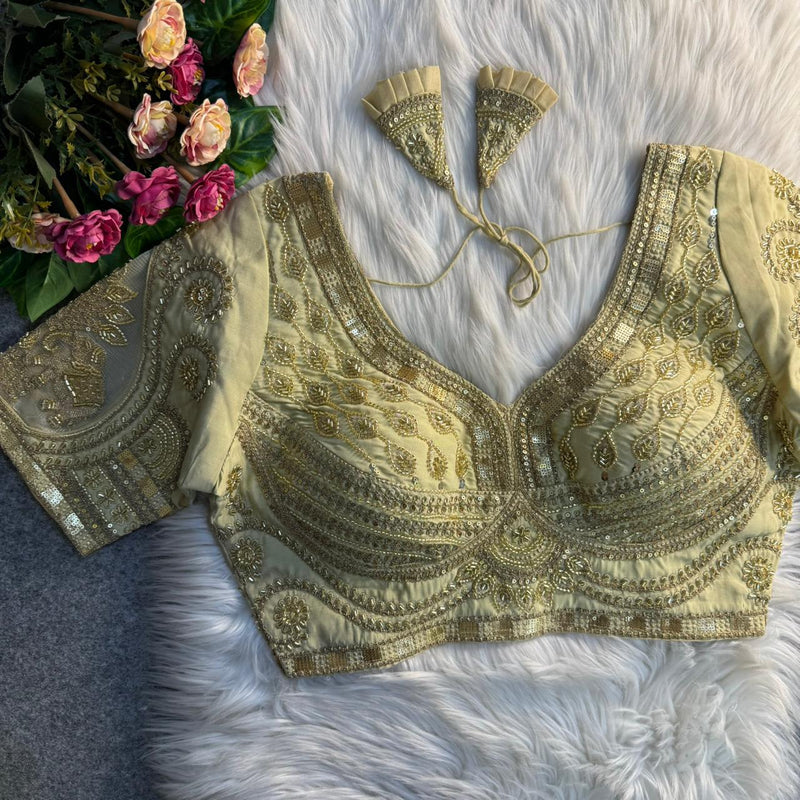 Golden Royale Elephant Patch Work Bridal Blouse Roman Silk Heavy Beads & Sequins Designer Wear