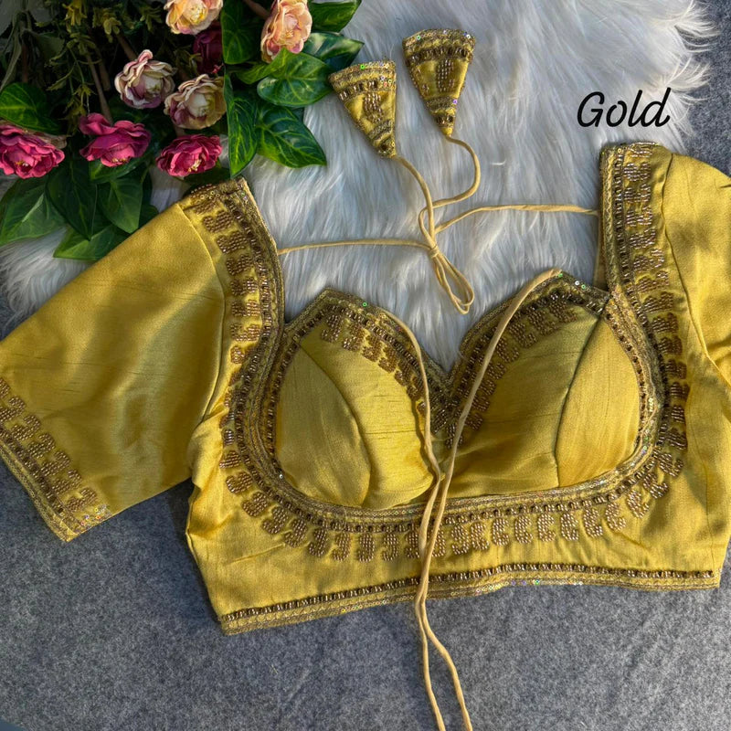 Golden Royale Royal Beads Work Bridal Blouse Italian Silk Designer Couture Wear