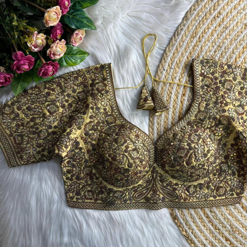 Golden Sabyasachi Inspired Heavy Copper Work Bridal Blouse in Roman Silk with Embroidery & Sequins