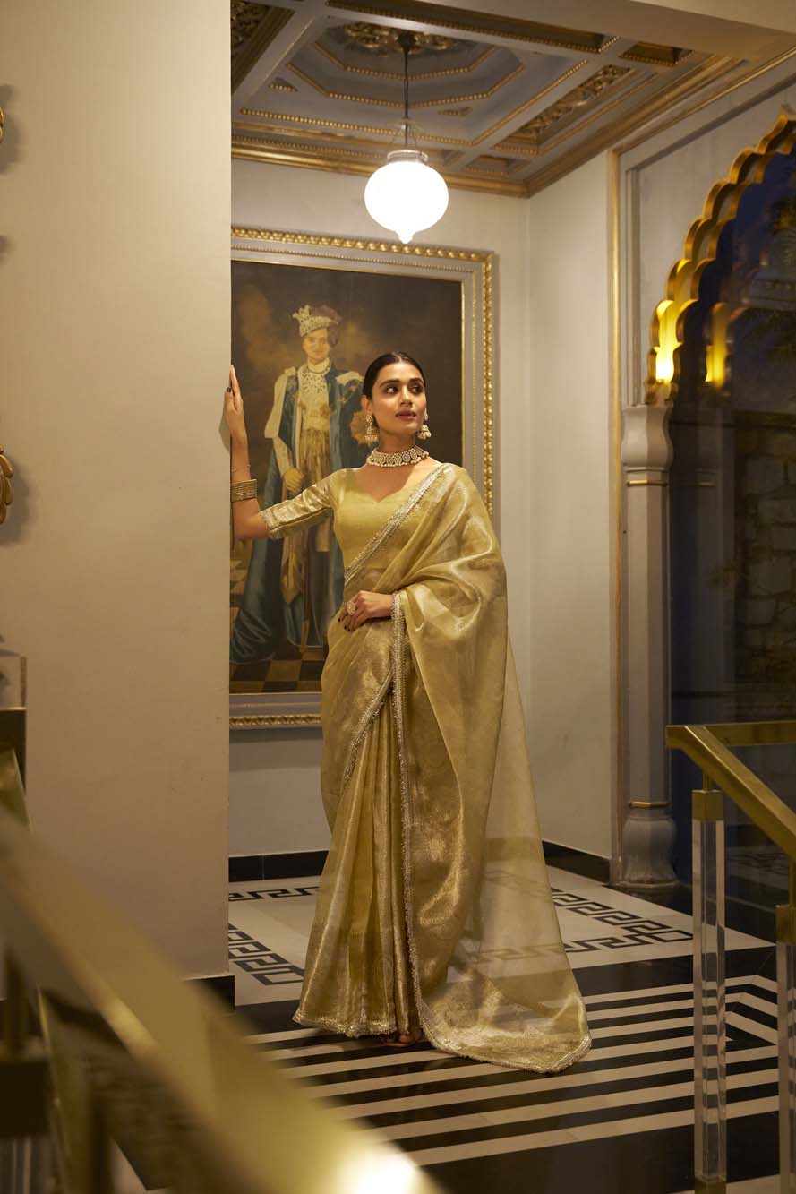 Golden Tissue Shimmer Saree with Zari Weaving & Sequins Lace