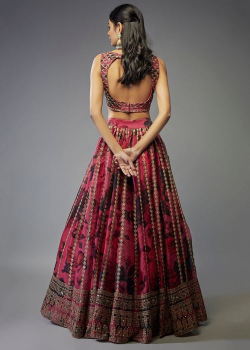Gorgeous Coral Pink Floral Printed Organza Sangeet Wear Lehenga Choli