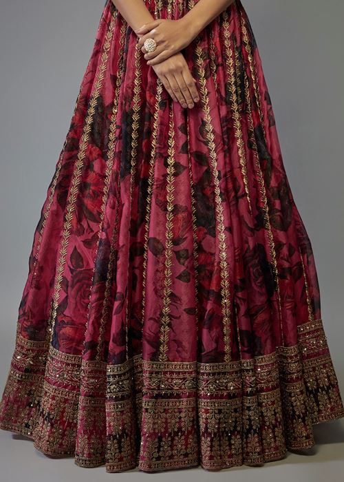 Gorgeous Coral Pink Floral Printed Organza Sangeet Wear Lehenga Choli