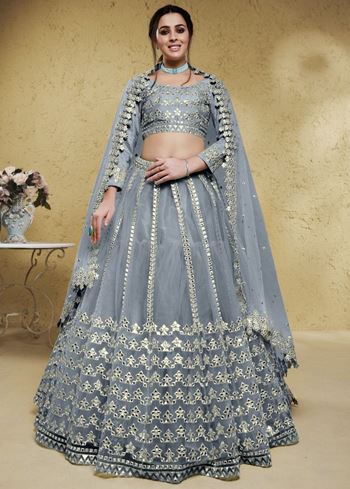Gorgeous Grey Foil Work Net Reception Wear Lehenga Choli With Dupatta