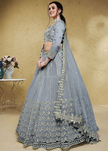 Gorgeous Grey Foil Work Net Reception Wear Lehenga Choli With Dupatta