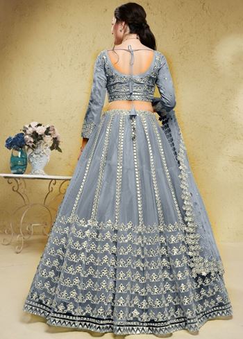 Gorgeous Grey Foil Work Net Reception Wear Lehenga Choli With Dupatta