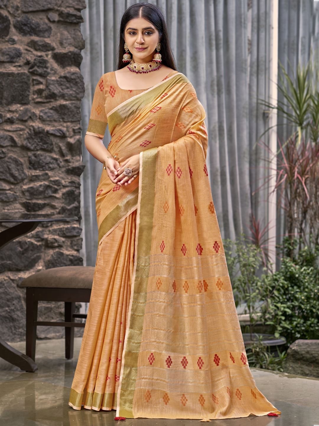 Gorgeous Orange Colour Soft Linen Saree