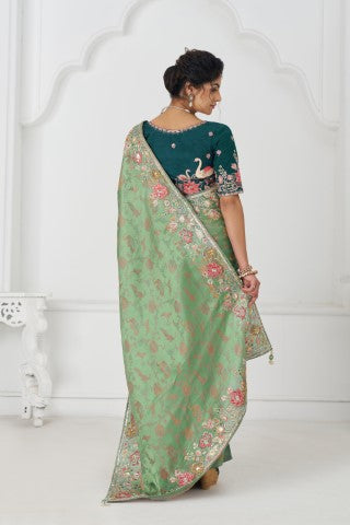 Grace In Green: Multi-Thread Embroidered Saree With Floral Elegance