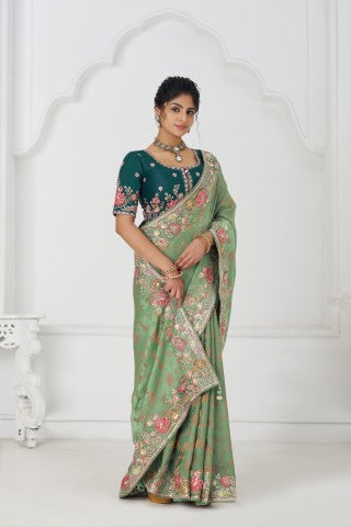 Grace In Green: Multi-Thread Embroidered Saree With Floral Elegance
