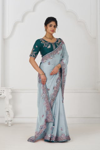 Graceful Grey In Rich Silk Fendi Saree With Zari And Sparkling Sequins