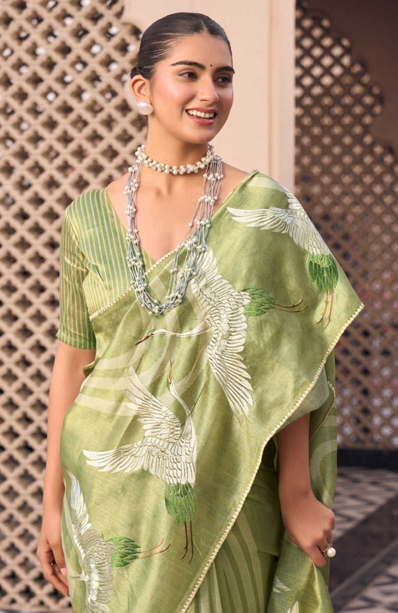 Graceful Light Green Pure Tussar Silk Saree with Designer Prints