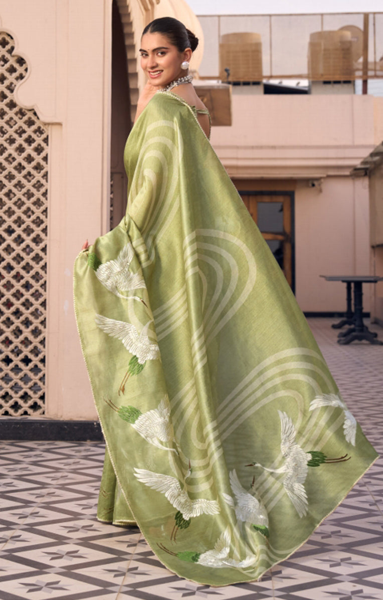 Graceful Light Green Pure Tussar Silk Saree with Designer Prints