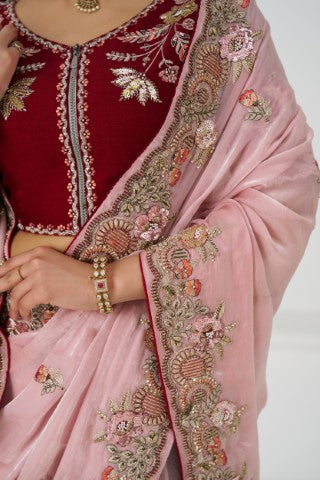 Graceful Pink Zari And Sequins On Rich Fendi Silk Saree