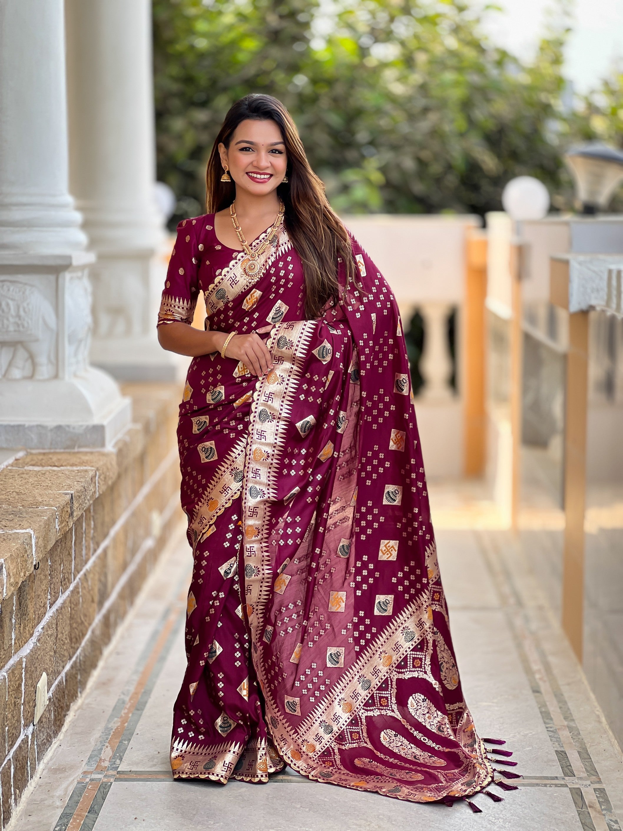 Graceful Woven Meenakari Designer Maroon Dola Silk Saree