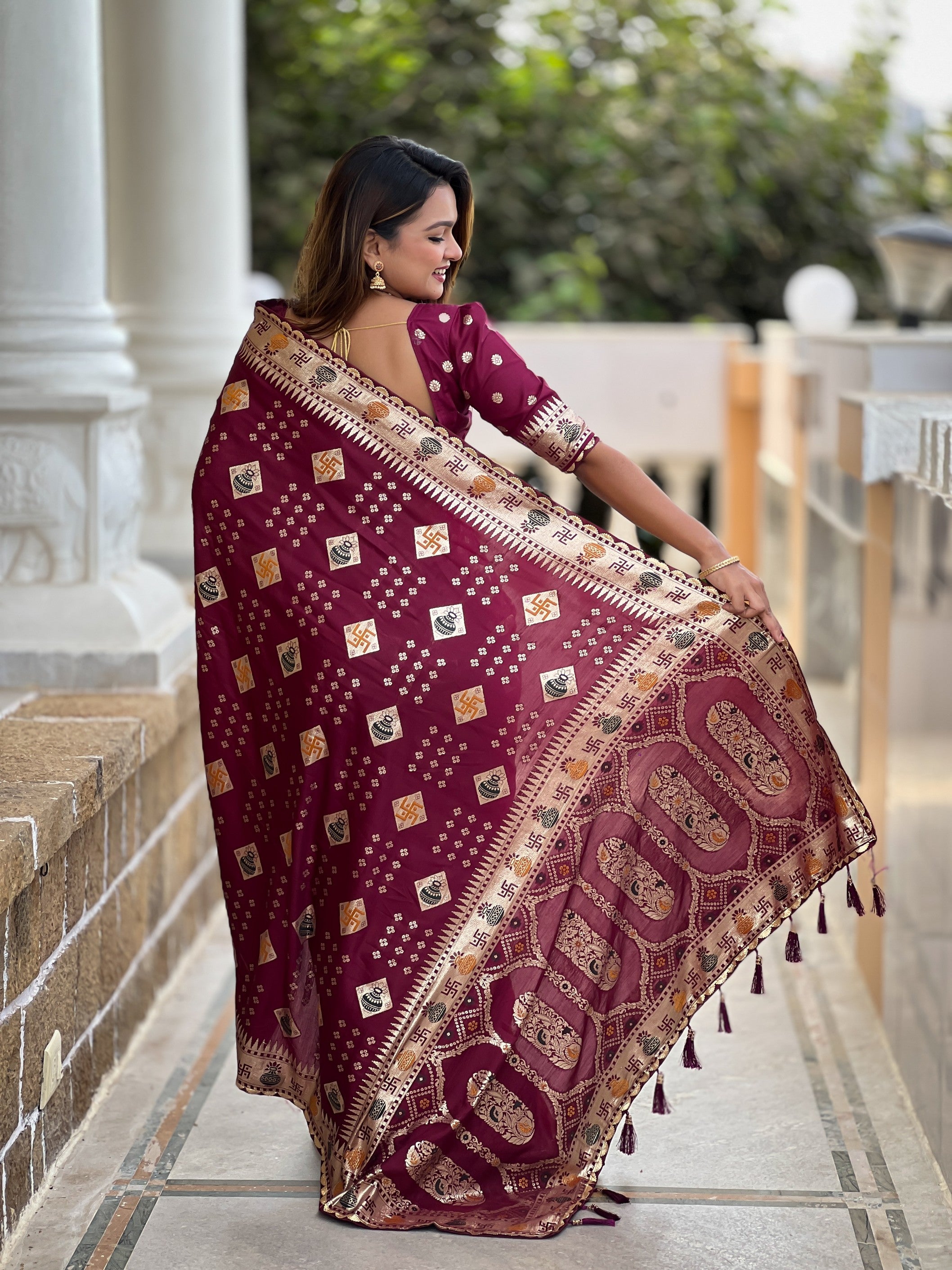 Graceful Woven Meenakari Designer Maroon Dola Silk Saree