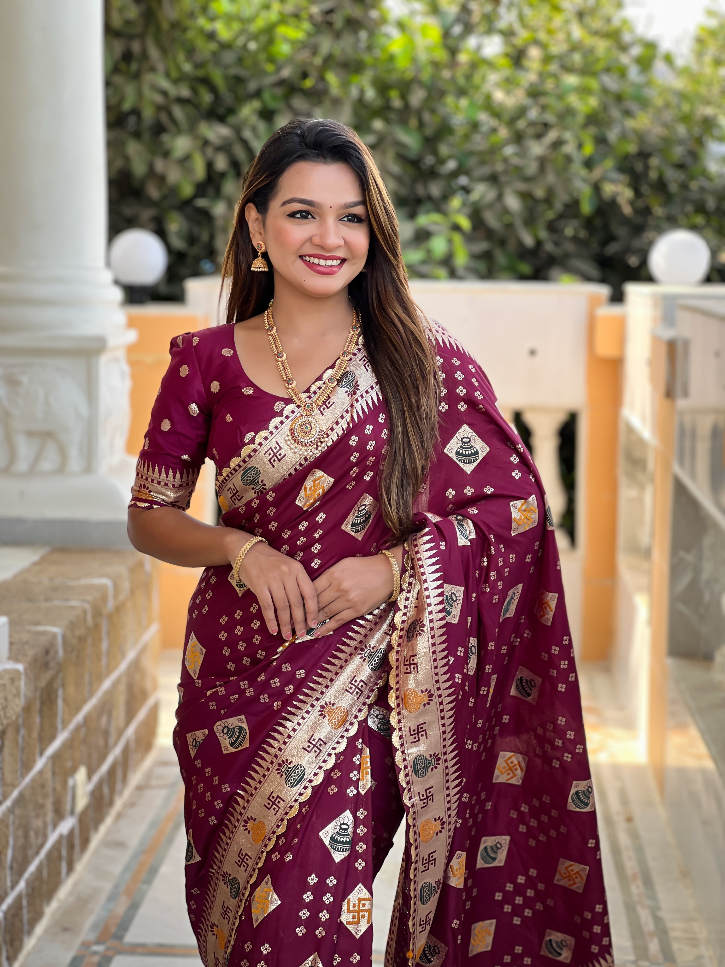 Graceful Woven Meenakari Designer Maroon Dola Silk Saree