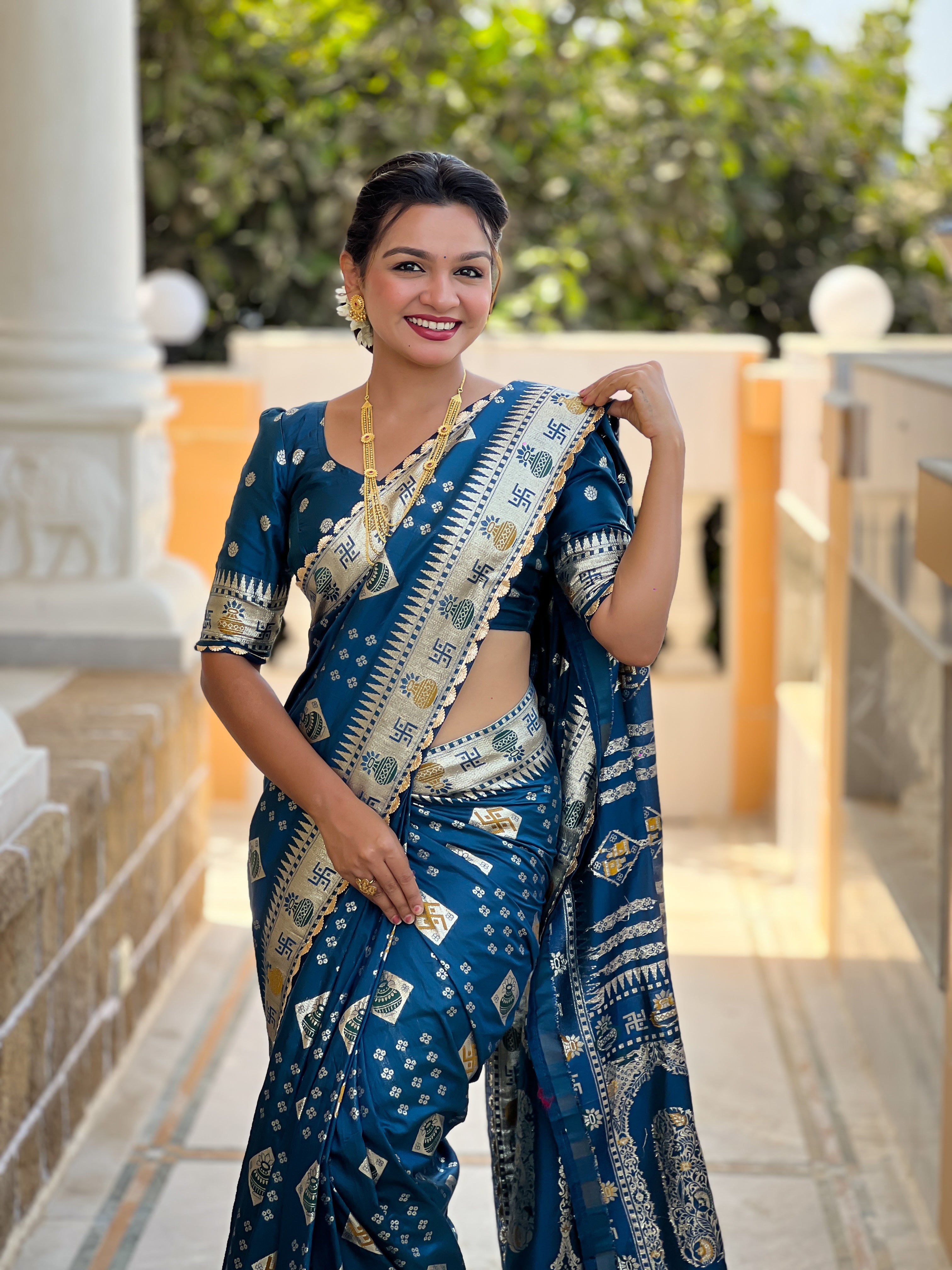 Graceful Woven Meenakari Designer Teal Blue Dola Silk Saree
