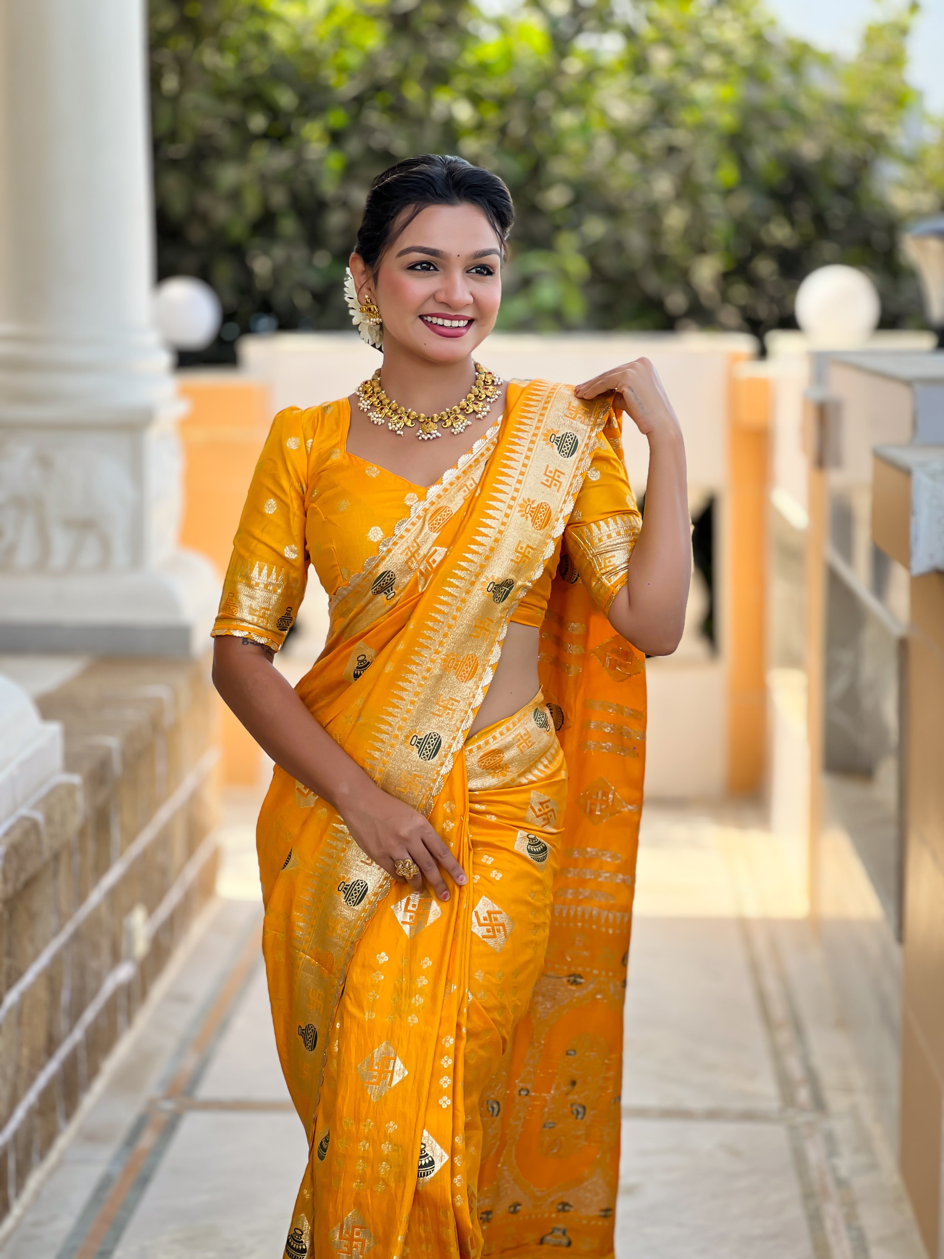 Graceful Woven Meenakari Designer Yellow Dola Silk Saree