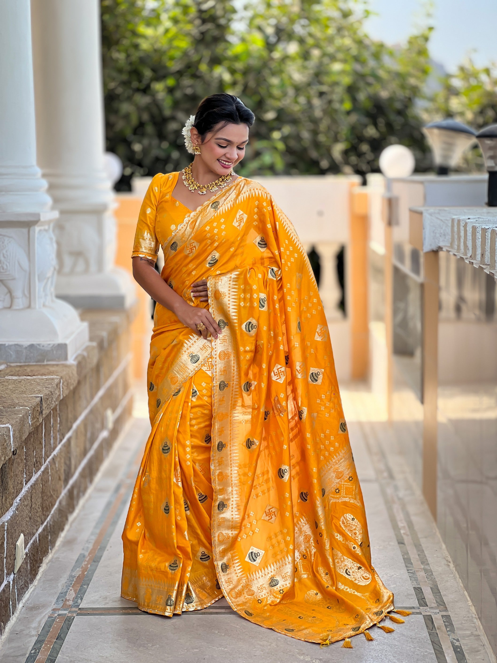 Graceful Woven Meenakari Designer Yellow Dola Silk Saree