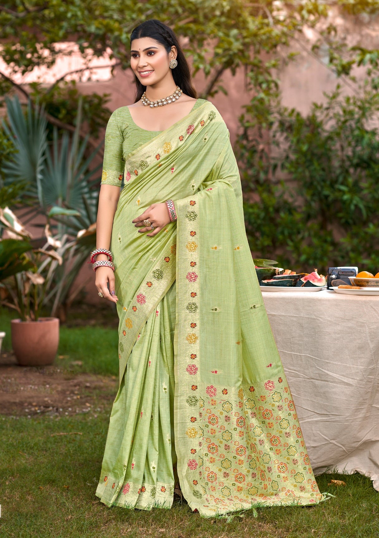 Grandiose Pink Assam Silk Meenakari Festival Saree