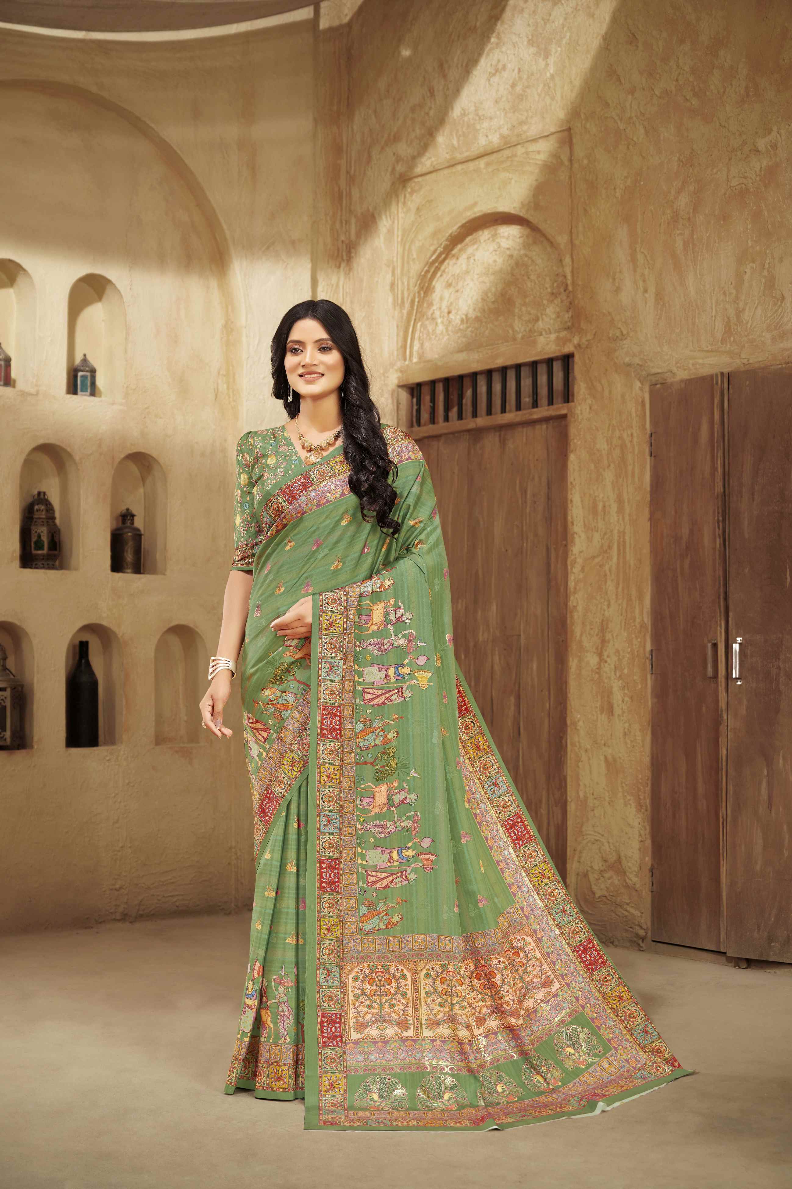 Grass Green Designer Position Digital Foil Printed Crepe Silk Ethnic Festive Saree
