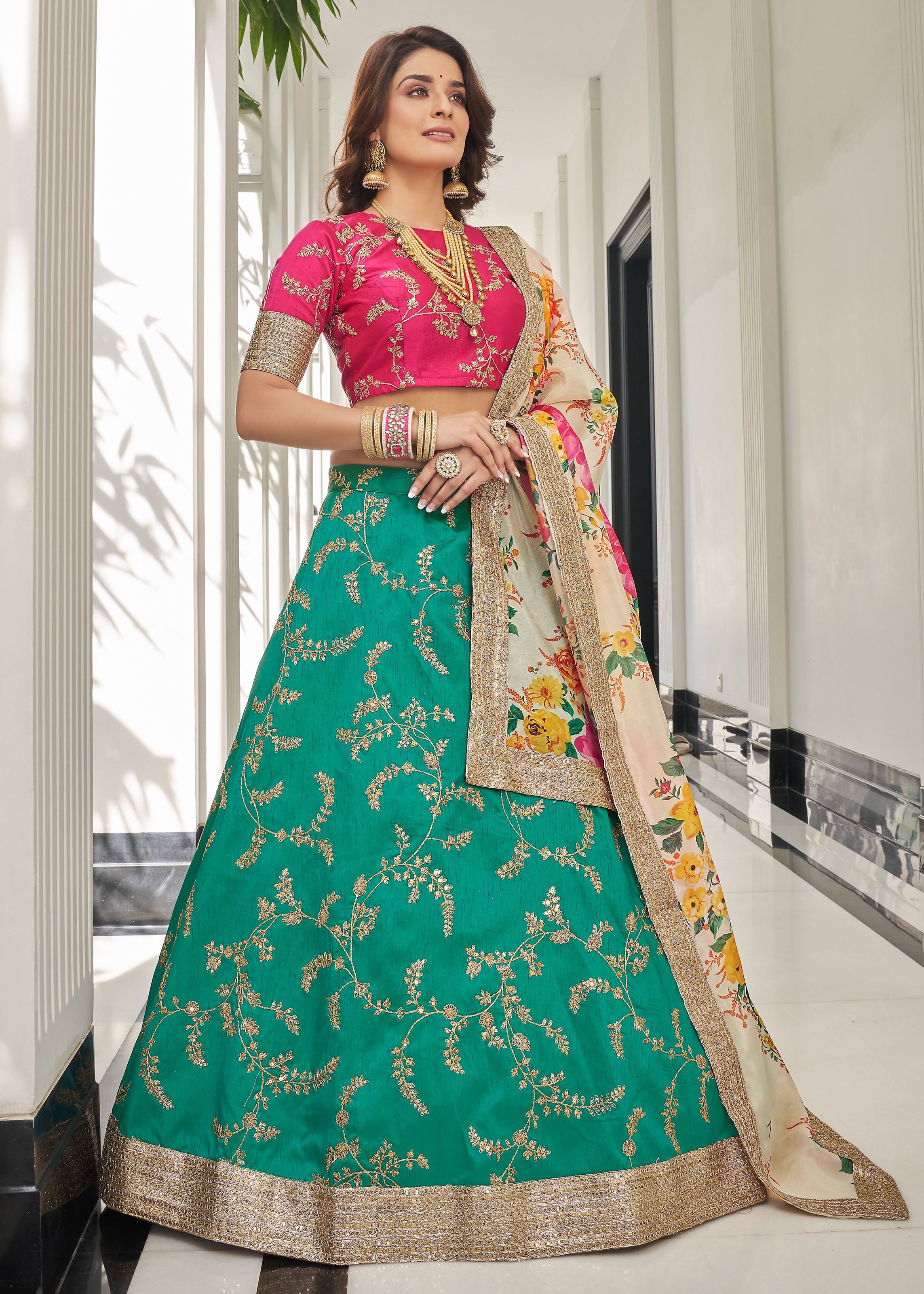 Green-White Lehenga Choli With Thread, Zari, Dori And Sequins Embroidery Work