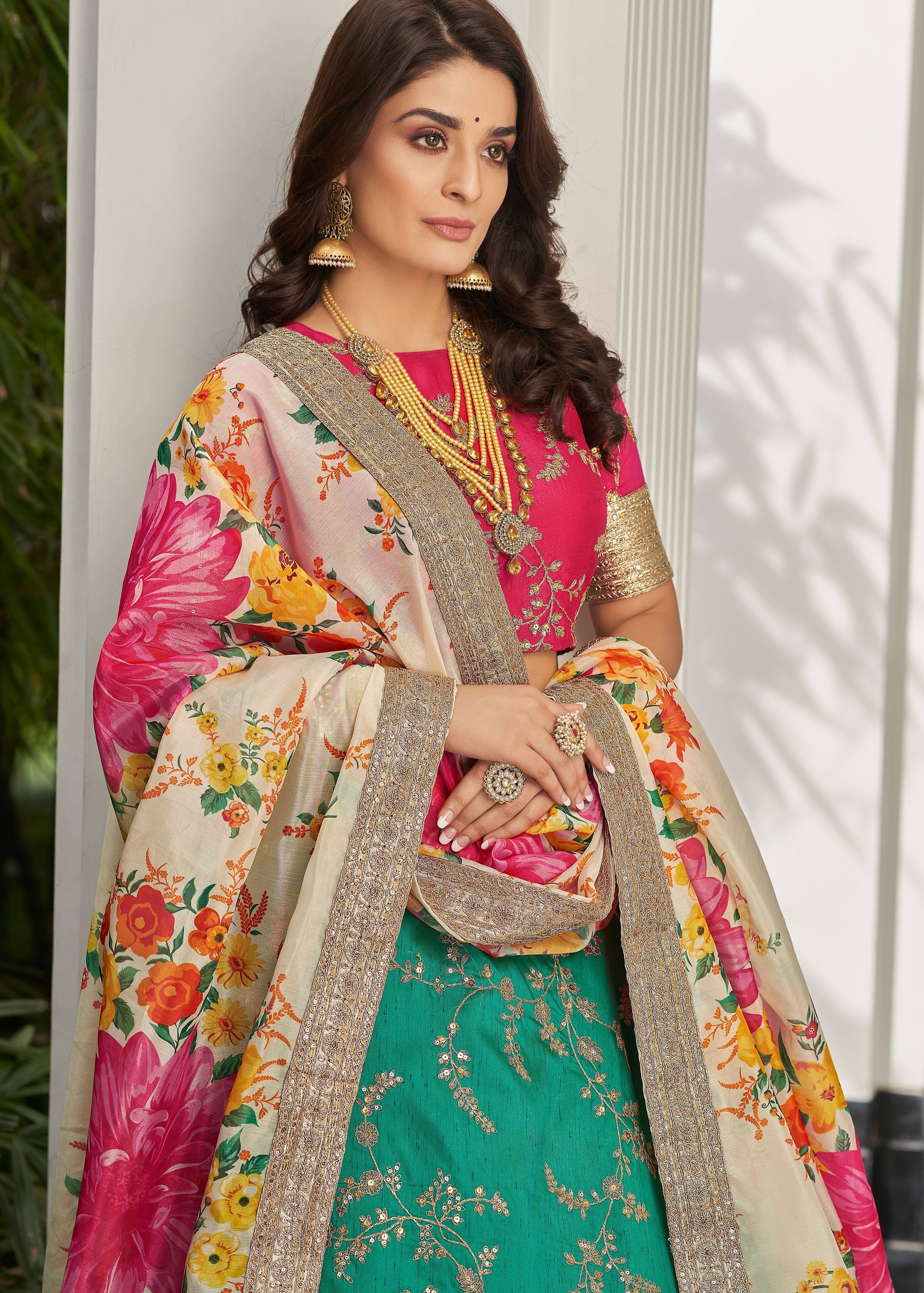 Green-White Lehenga Choli With Thread, Zari, Dori And Sequins Embroidery Work