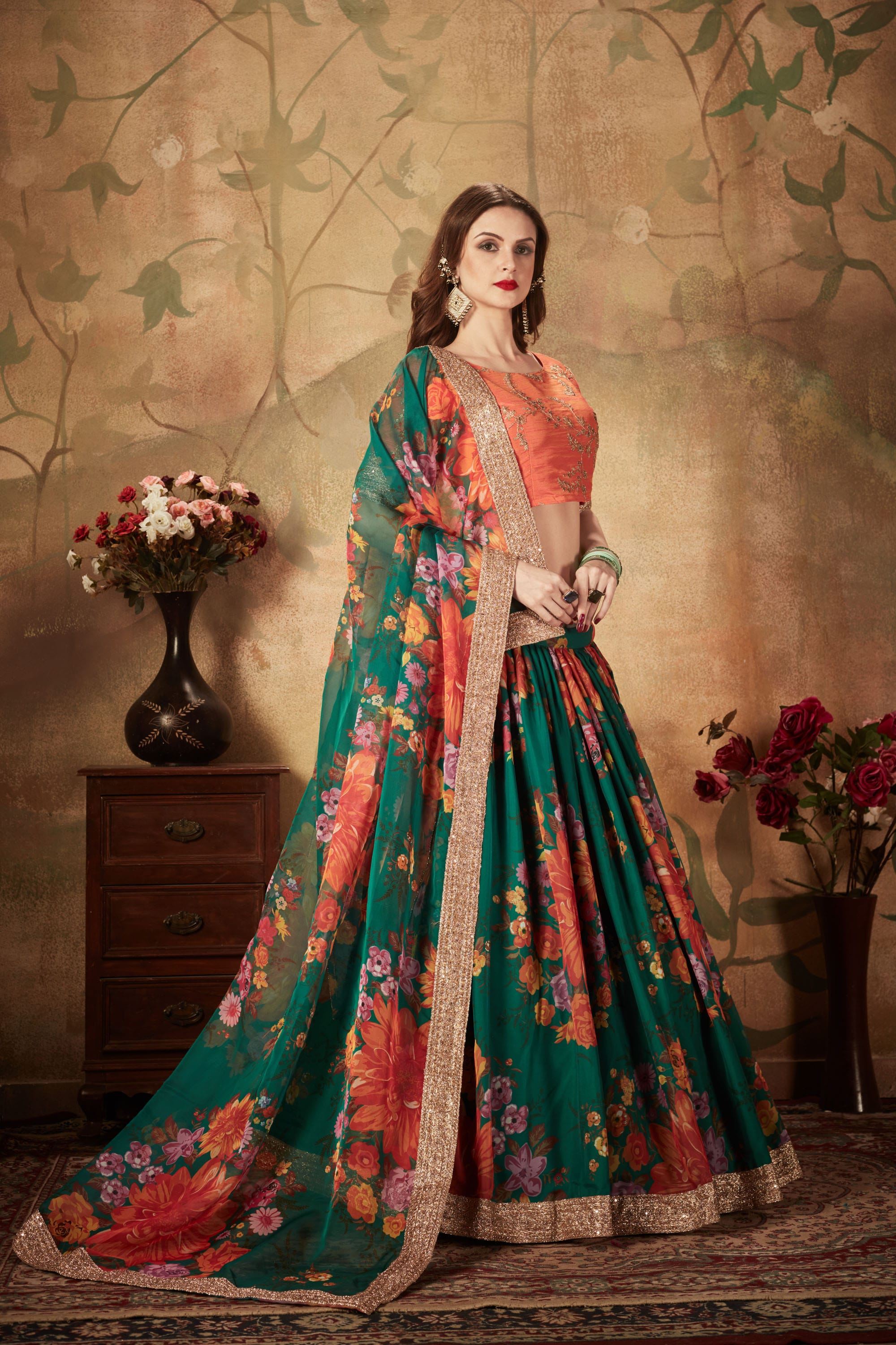 Green And Orange Lehenga Choli With Digital Print & Dori, Zari And Sequins Embroidery Work