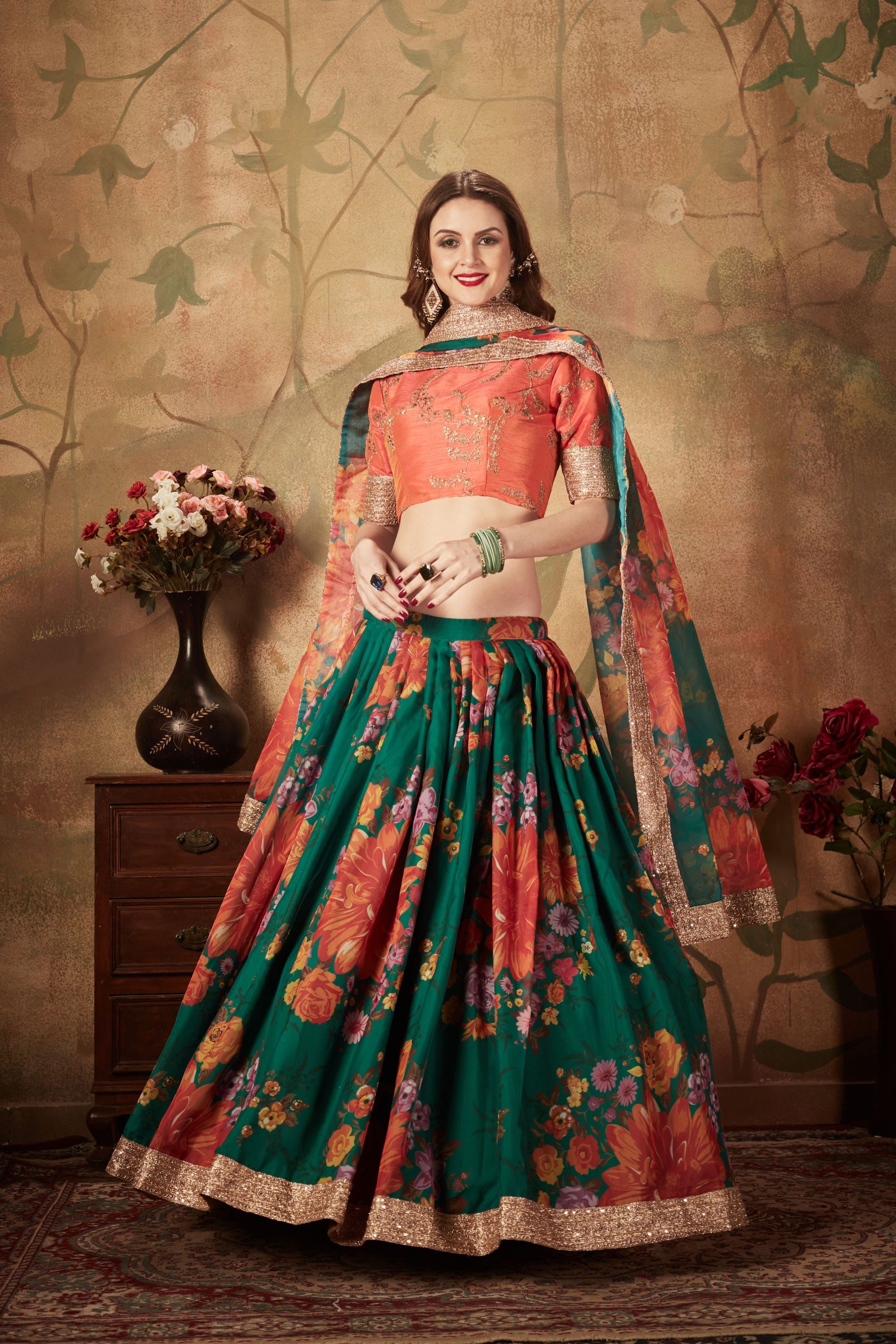 Green And Orange Lehenga Choli With Digital Print & Dori, Zari And Sequins Embroidery Work