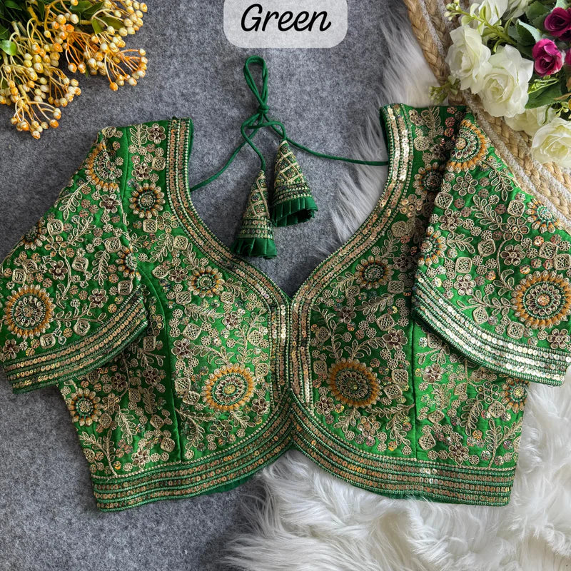 Green Apple Cut Heavy Cording & Thread Work Bridal Blouse in Italian Silk with Embroidery & Sequins