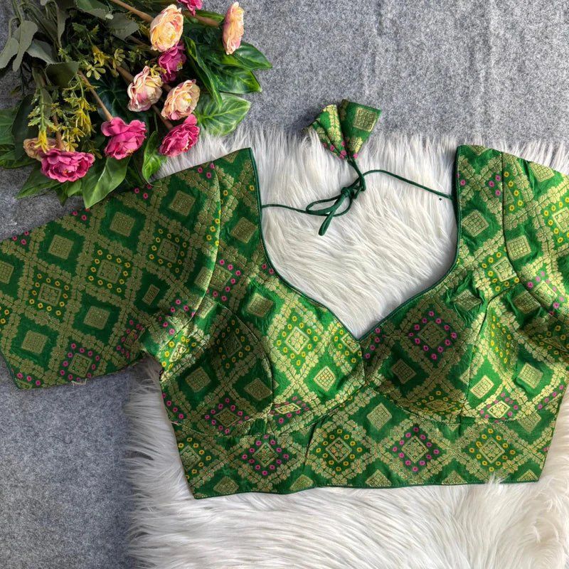 Green Banarasi Jacquard Patola Designer Blouse Silk Partywear Readymade Blouse