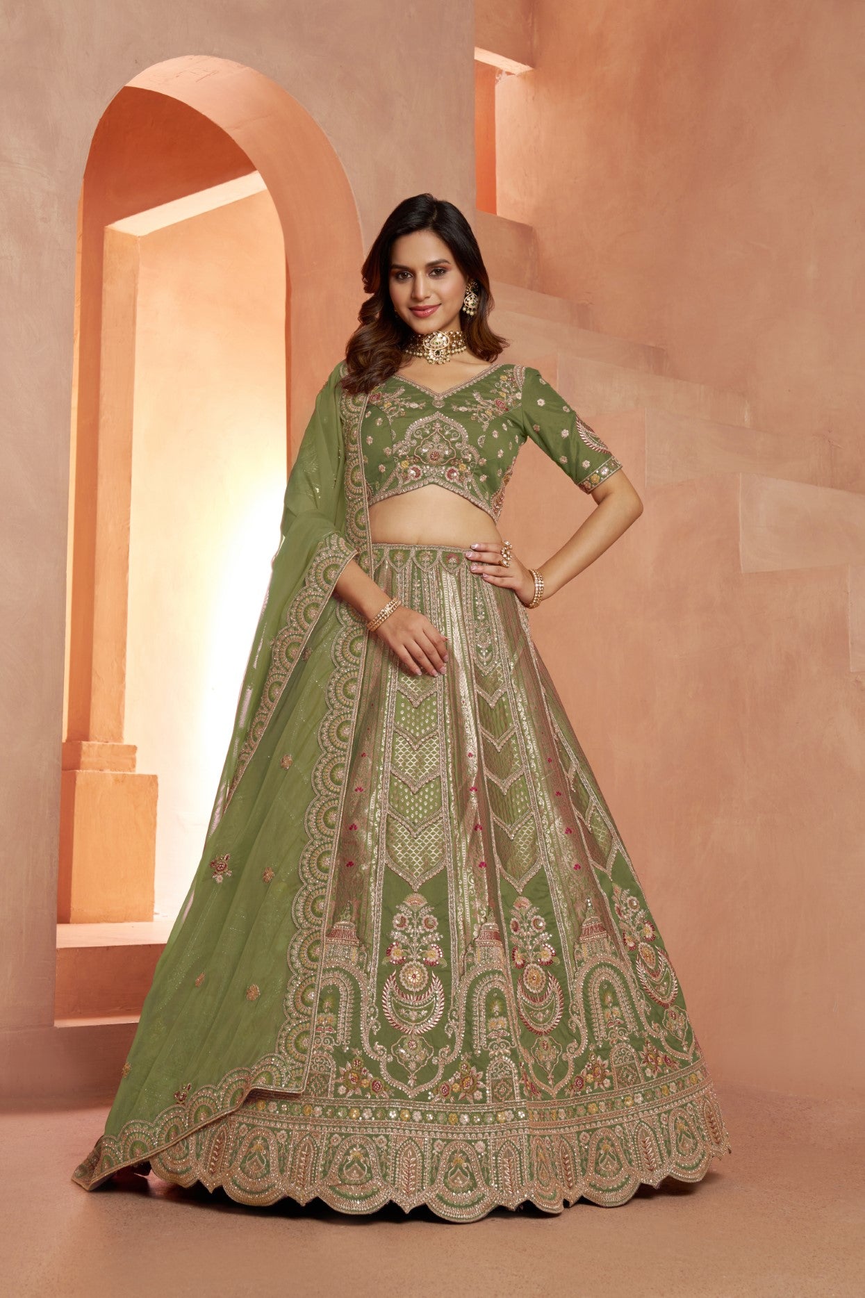 Green Banarasi Silk Floral Zari Embroidered Bridal Lehenga Choli