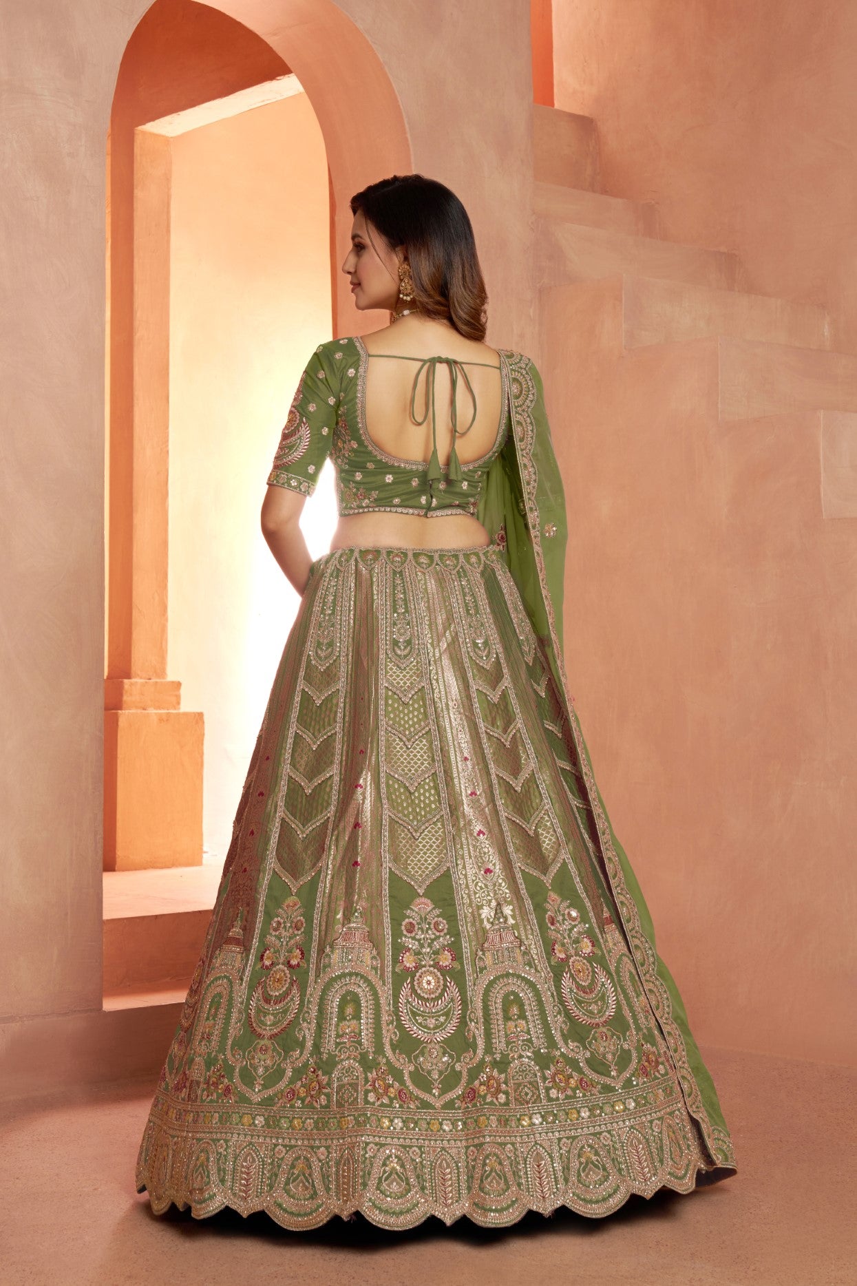 Green Banarasi Silk Floral Zari Embroidered Bridal Lehenga Choli