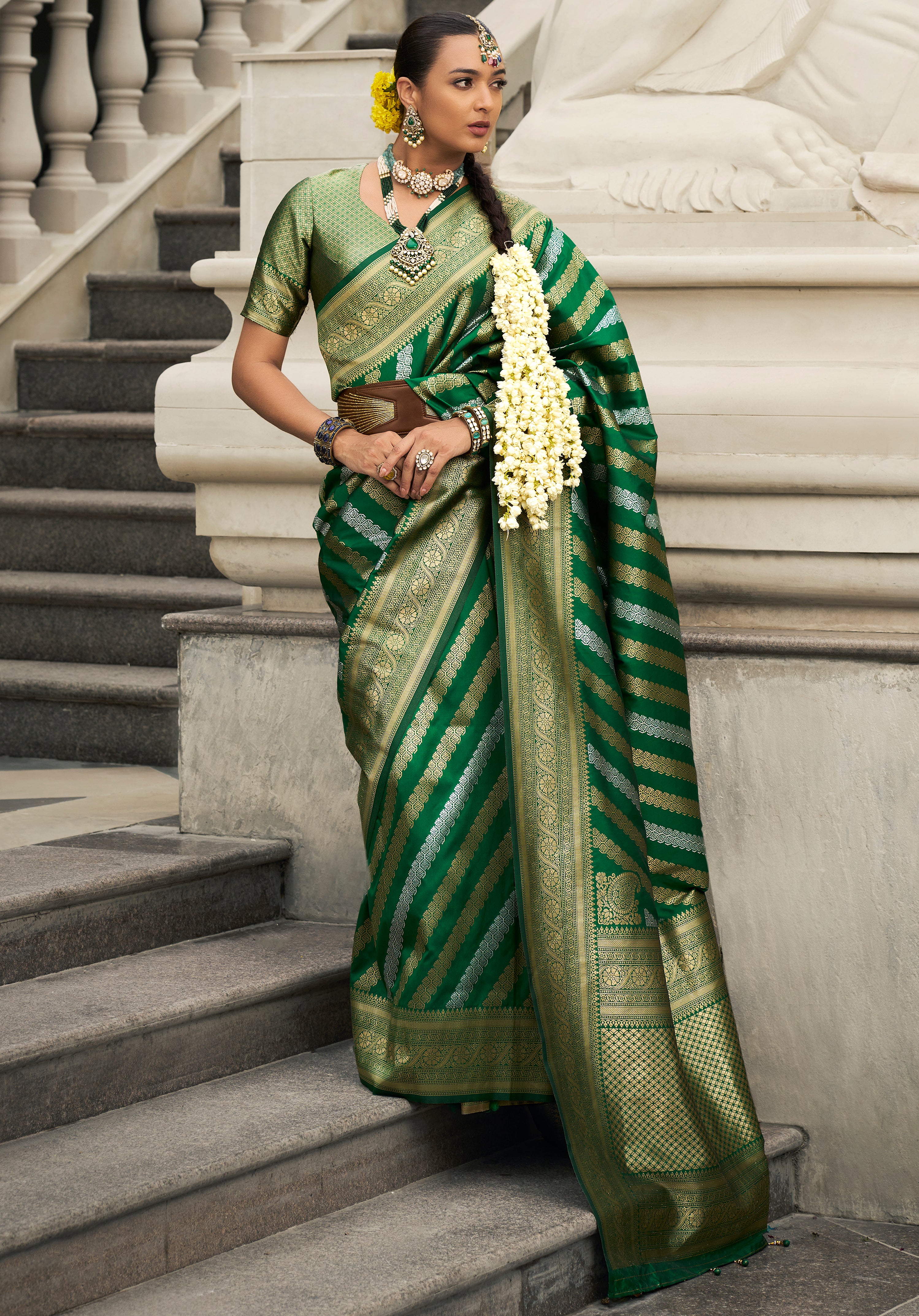 Green Banarasi Silk Saree With Jacquard Woven Work