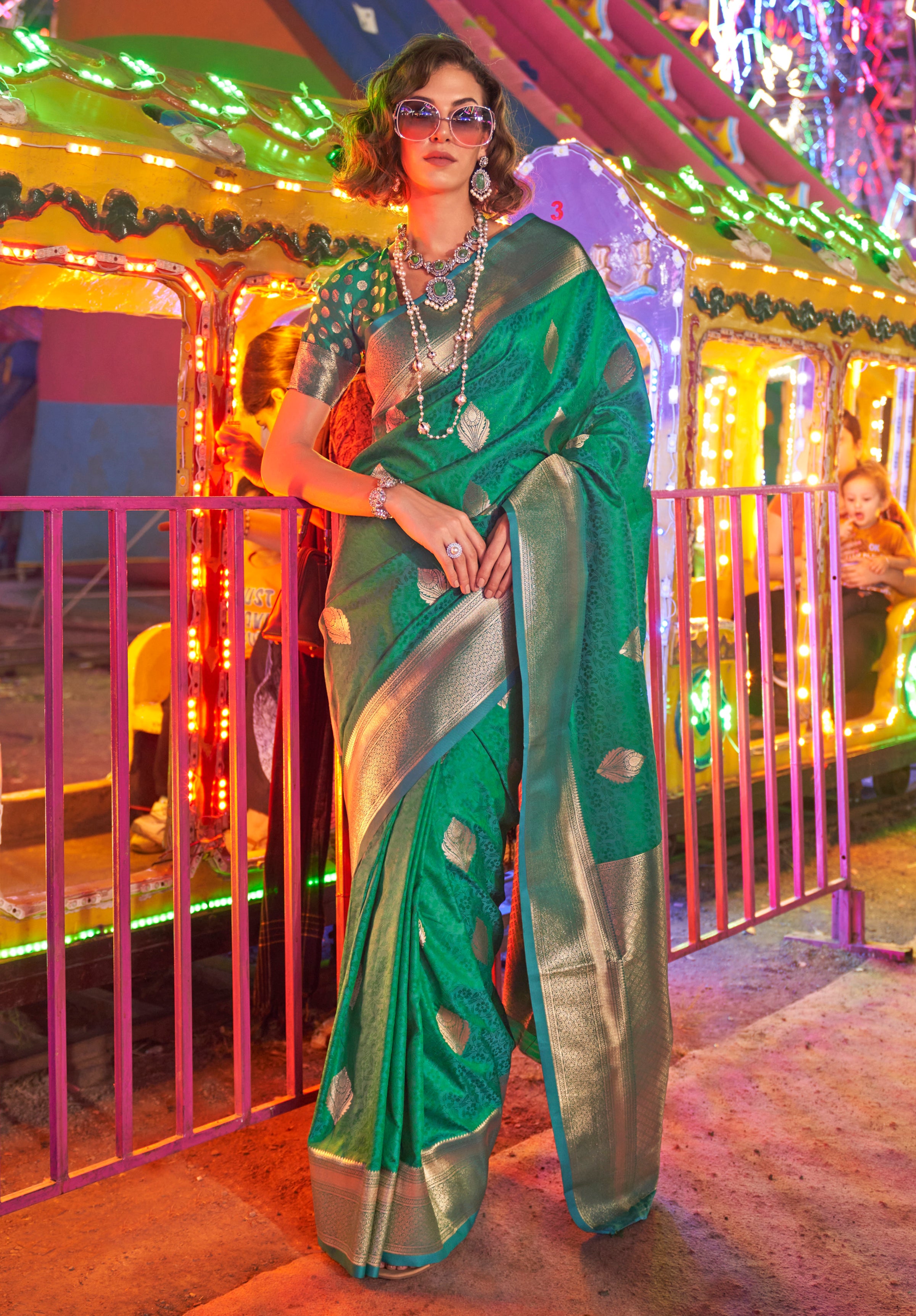Green Banarasi Silk Saree With Jacquard Woven Work