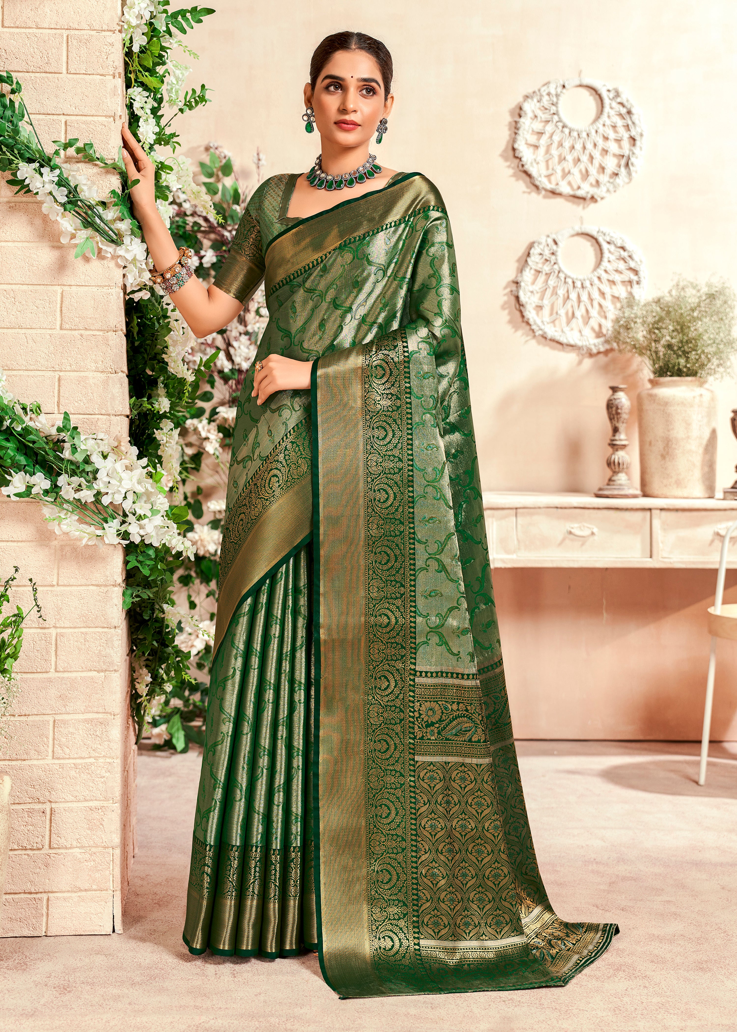 Green Banarasi Silk Saree With Zari Jacquard Woven Work