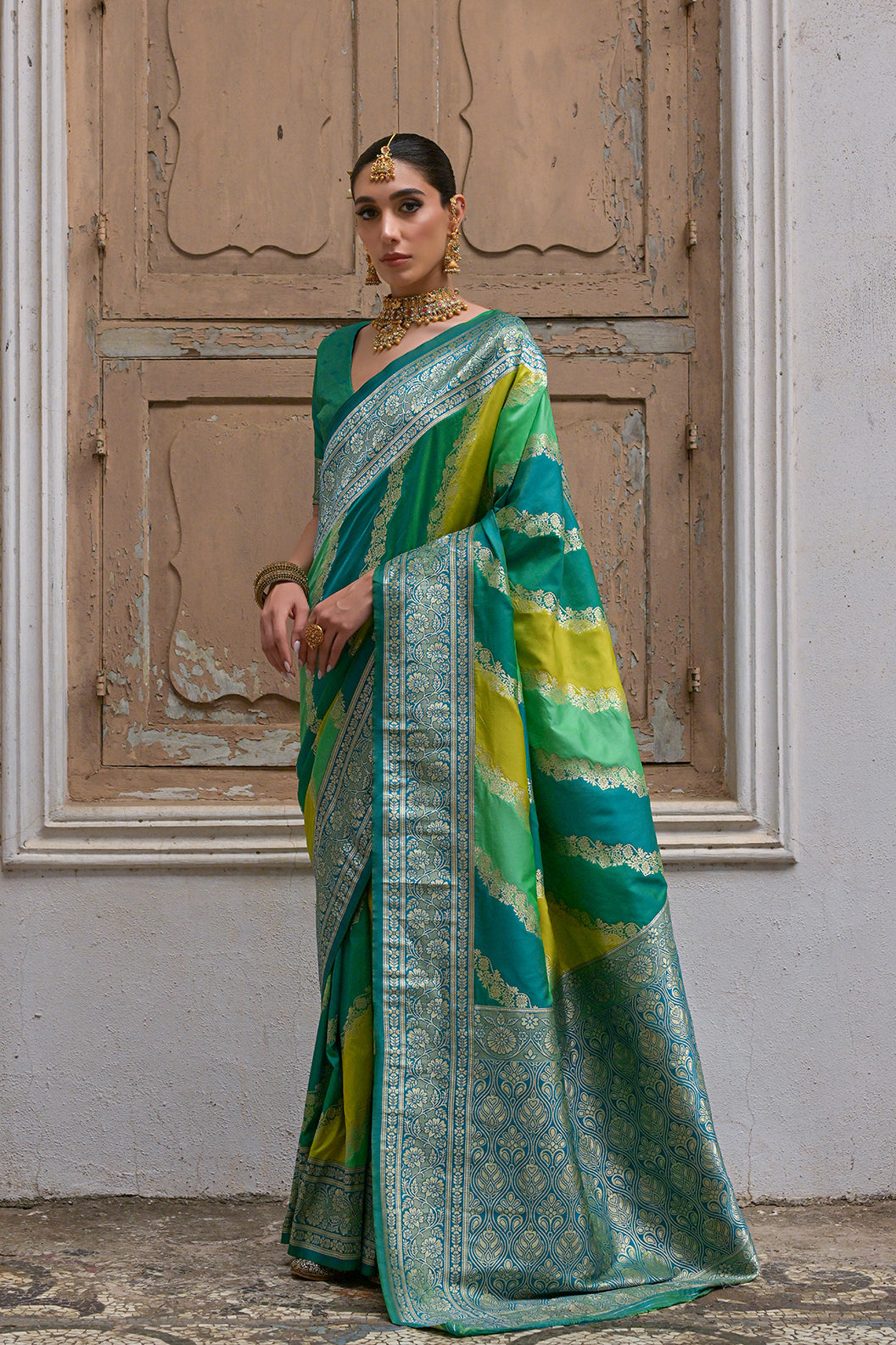 Green Banarasi Silk Saree with Leriya Zari and Contrast Pallu
