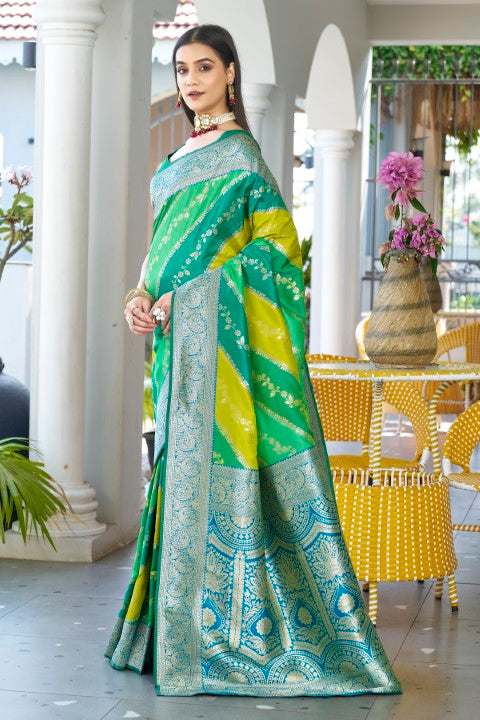 Green Banarasi Silk Saree with Leriya Zari and Contrast Pallu