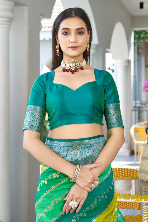 Green Banarasi Silk Saree with Leriya Zari and Contrast Pallu