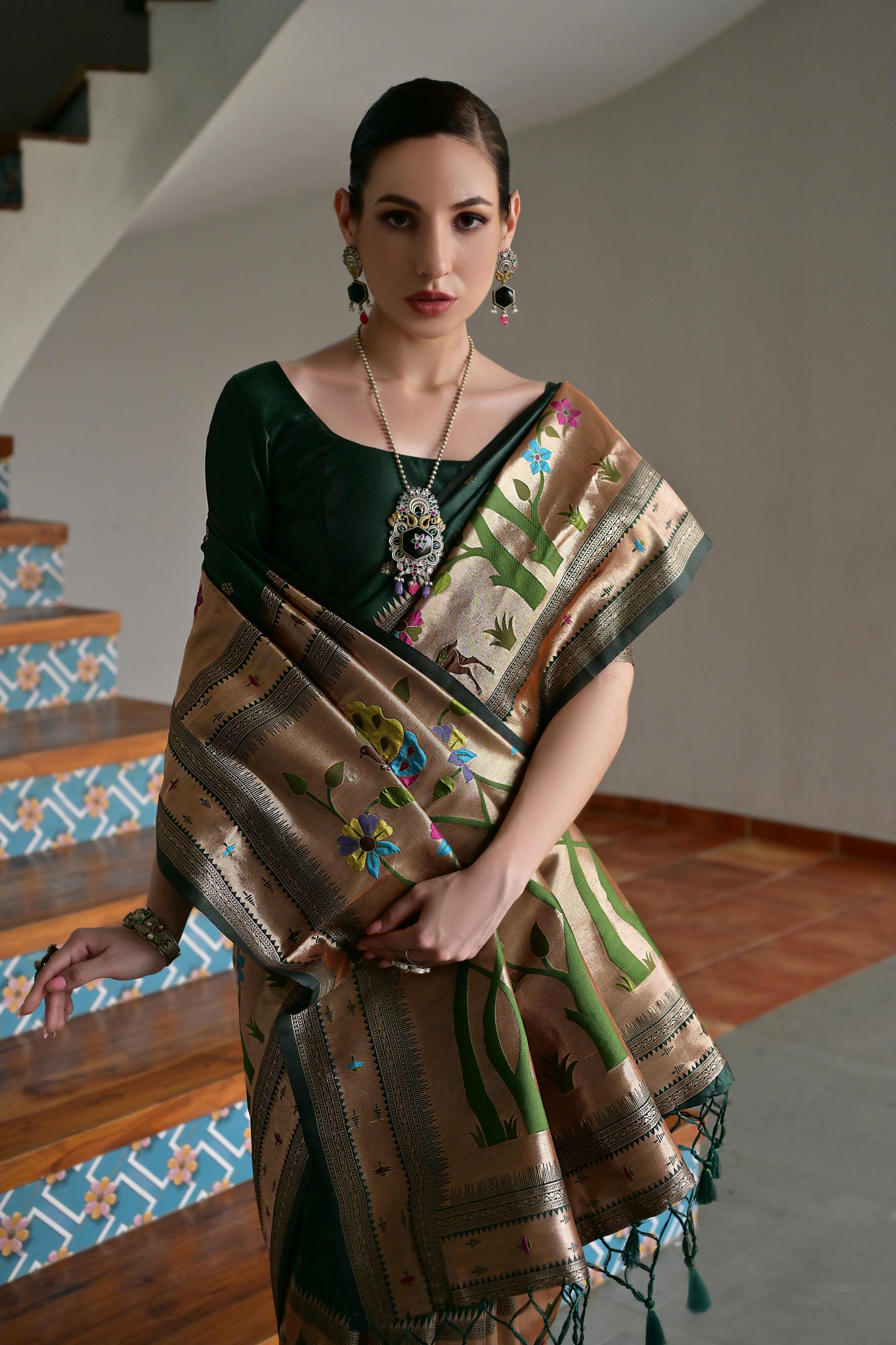 Green Banarasi Silk Saree with Traditional Paithani Woven Design