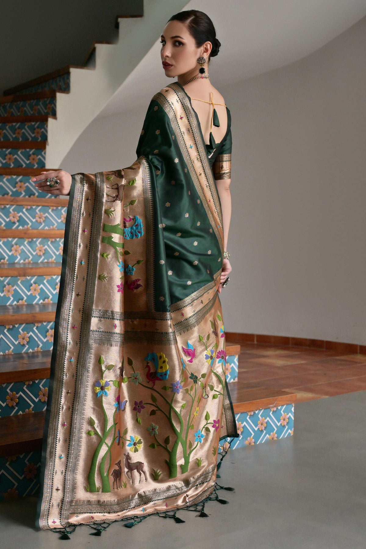 Green Banarasi Silk Saree with Traditional Paithani Woven Design