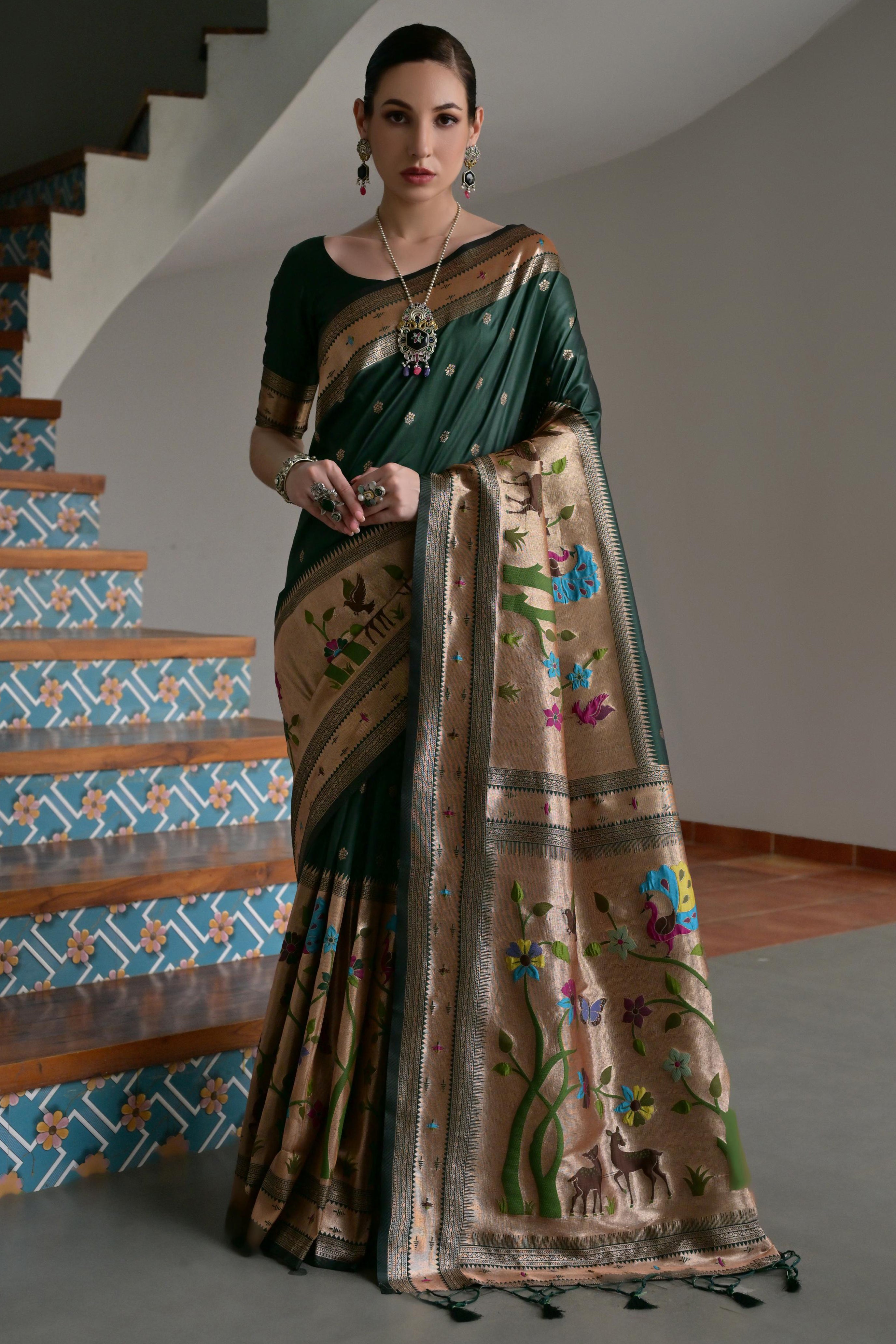 Green Banarasi Silk Saree with Traditional Paithani Woven Design
