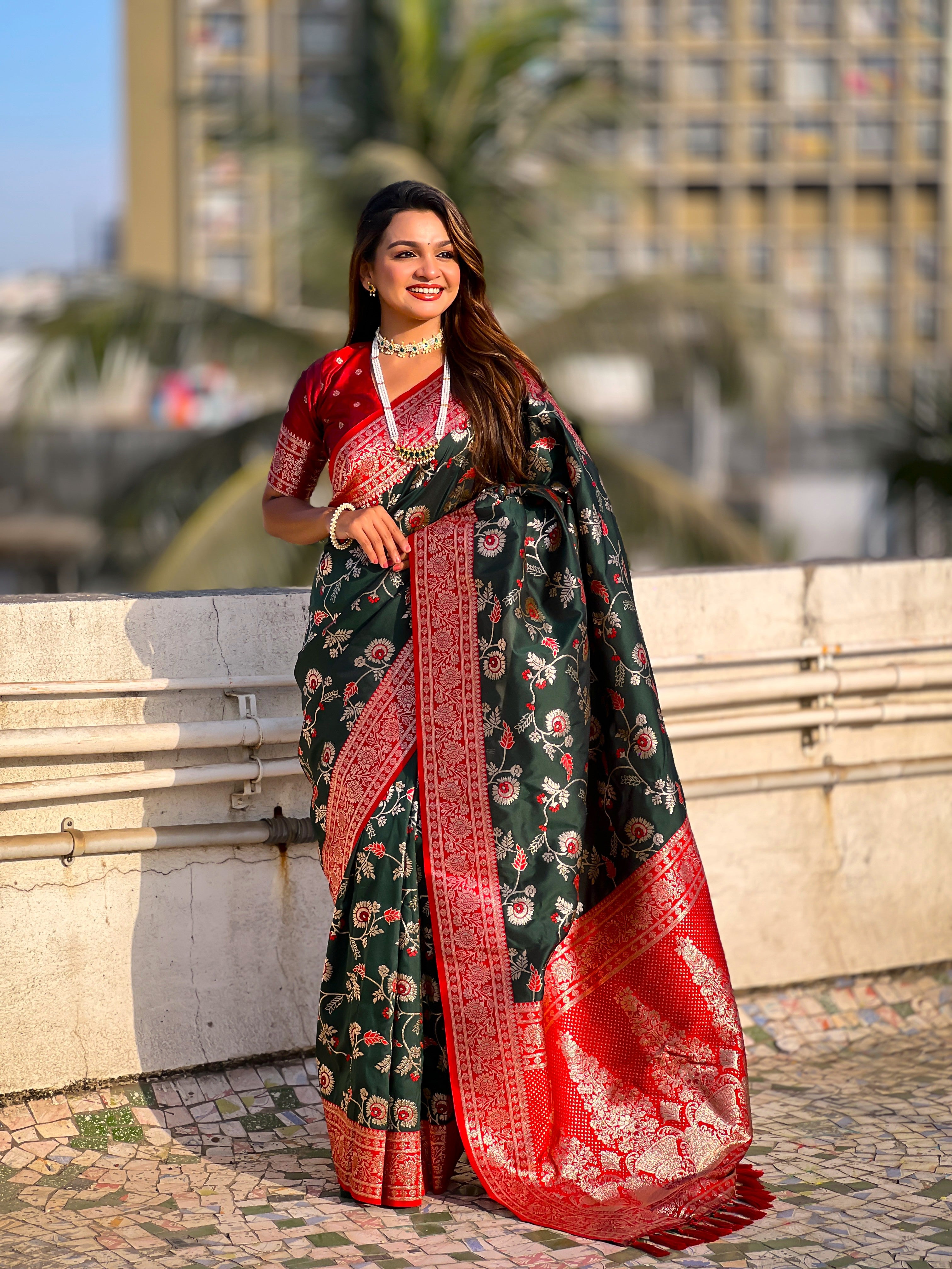 Green Banarasi Silk Weaving Meenakari Designer Heavy Looks Saree